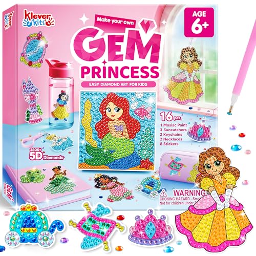 Klever Kits 16 Projects Gem Painting, Kids Diamond Gem Painting Kit, Arts and Crafts for Girls Ages 6-12, Diamond Craft Activities Kits (Princess) by Klever Kits - Used condition - CA$15.29