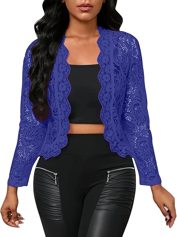 Lace Shrug for Women Long Sleeve Open Front See Through Jackets Elegant Casual Blazer Sheer Floral Bolero Shrugs