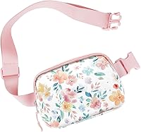 Simikol Watercolor Pink Floral Fanny Pack - Lightweight Waterproof Belt Bag for Women Running Hiking Travel
