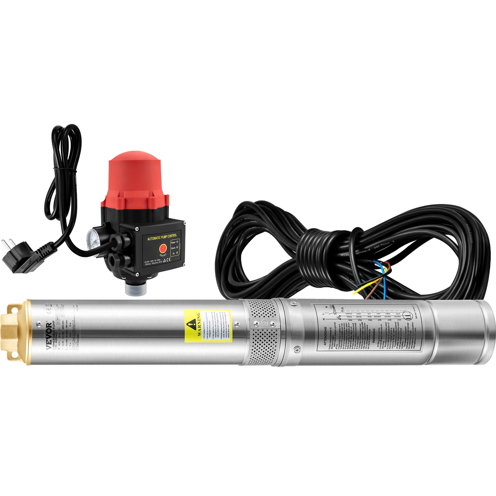 VEVOR 3, 5" Tiefbrunnenpumpe 750W Brunnenpumpe 105L/min Tauchpumpe max. Förderhöhe 62m Rohrpumpe 230V 50Hz Sandpumpe IP68 Wasserpumpe 11 Laufradstufen Pumpe Ideal zur Bewässerung, Silber
