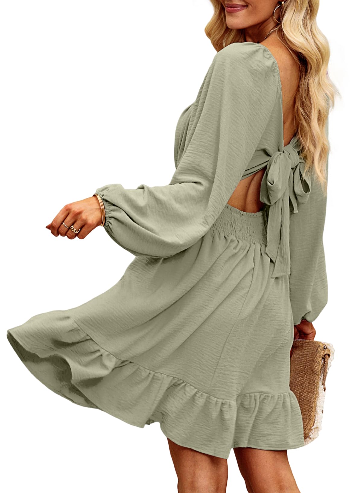 Dokotoo Womens Dress Long Lantern Sleeve Square Neck Tie Backless Sexy Dress Ruffle Elastic Waist A-Line Mini Dress