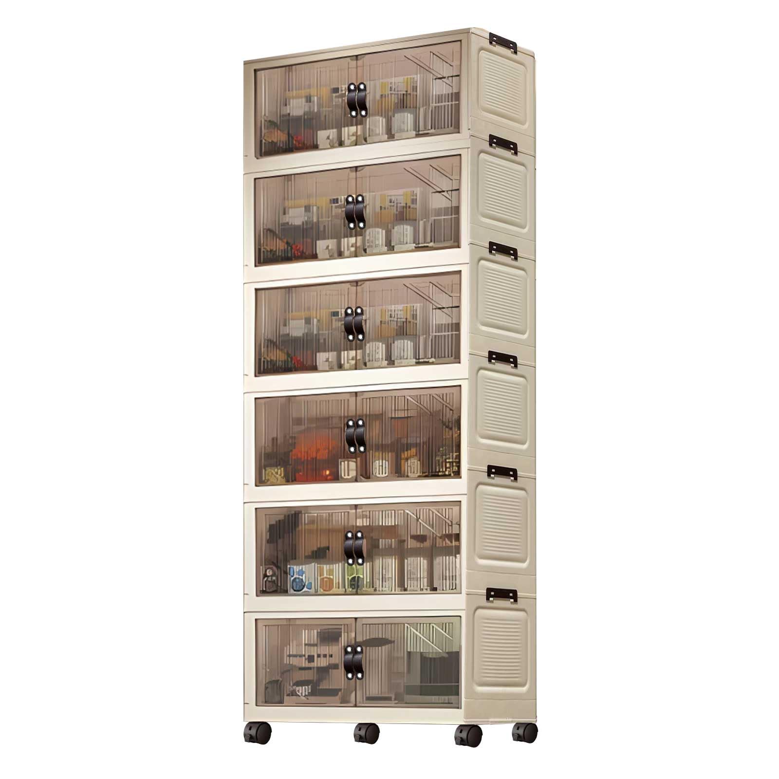 Ruiqas 6 Tiers Stackable Storage Bins with Lid, Collapsible Storage Bins with 360-degree Wheels, Polypropylene material, Lid & Front Door Design, for Living Room Bedroom Kitchen Office