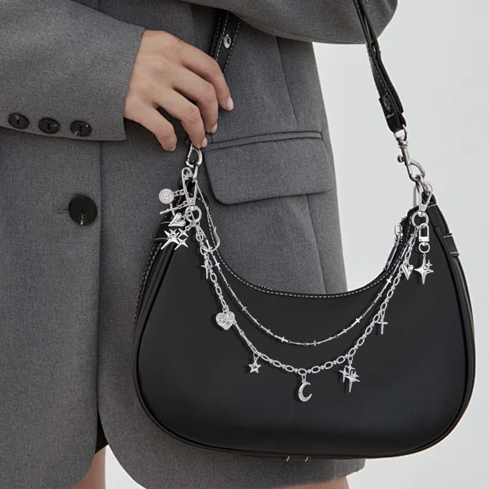 1 Box 3Pcs Bag Charm Chain Moon Star Keychain with Swivel Clasp Celestial Pendants Bag Purse Decor Heart Cross Silver Brooch Pin for Clutch Handbag Backpack Wallet Car Keys Jewelry Crafts - Image 5