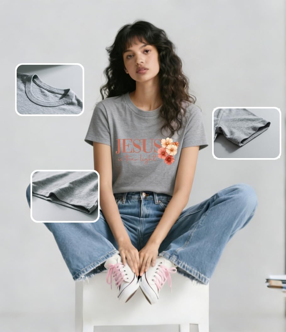 Faith Cross Christian Shirts for Women with Floral Cross Print, Womens Graphic Tees Short Sleeve Tshirt - Image 5