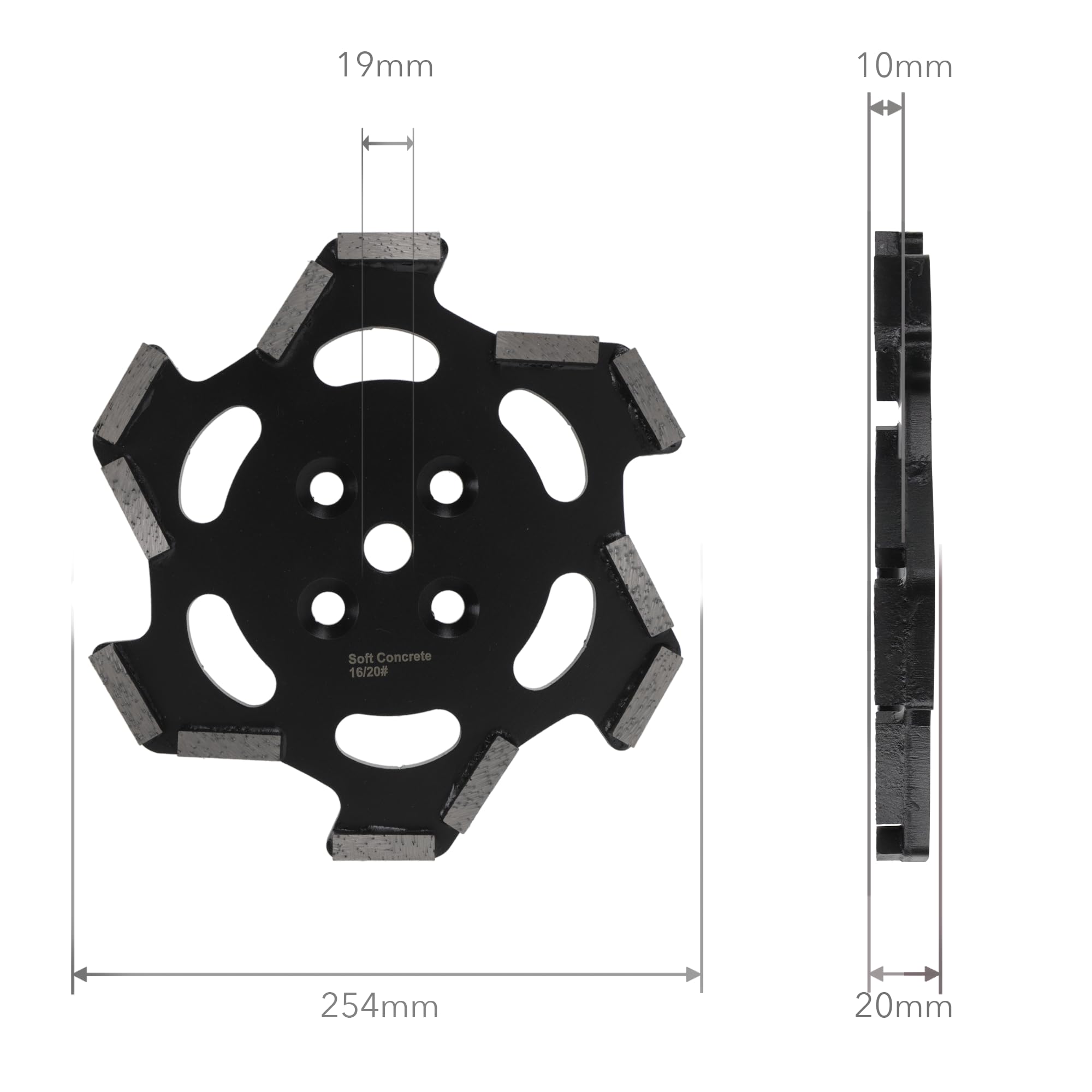 PRODIAMANT Disco abrasivo de diamante 254 mm 19 mm negro – para hormigón blando hormigón fresco pavimento superficies abrasivas K16/20 12 segmentos profesional lijadora de suelo