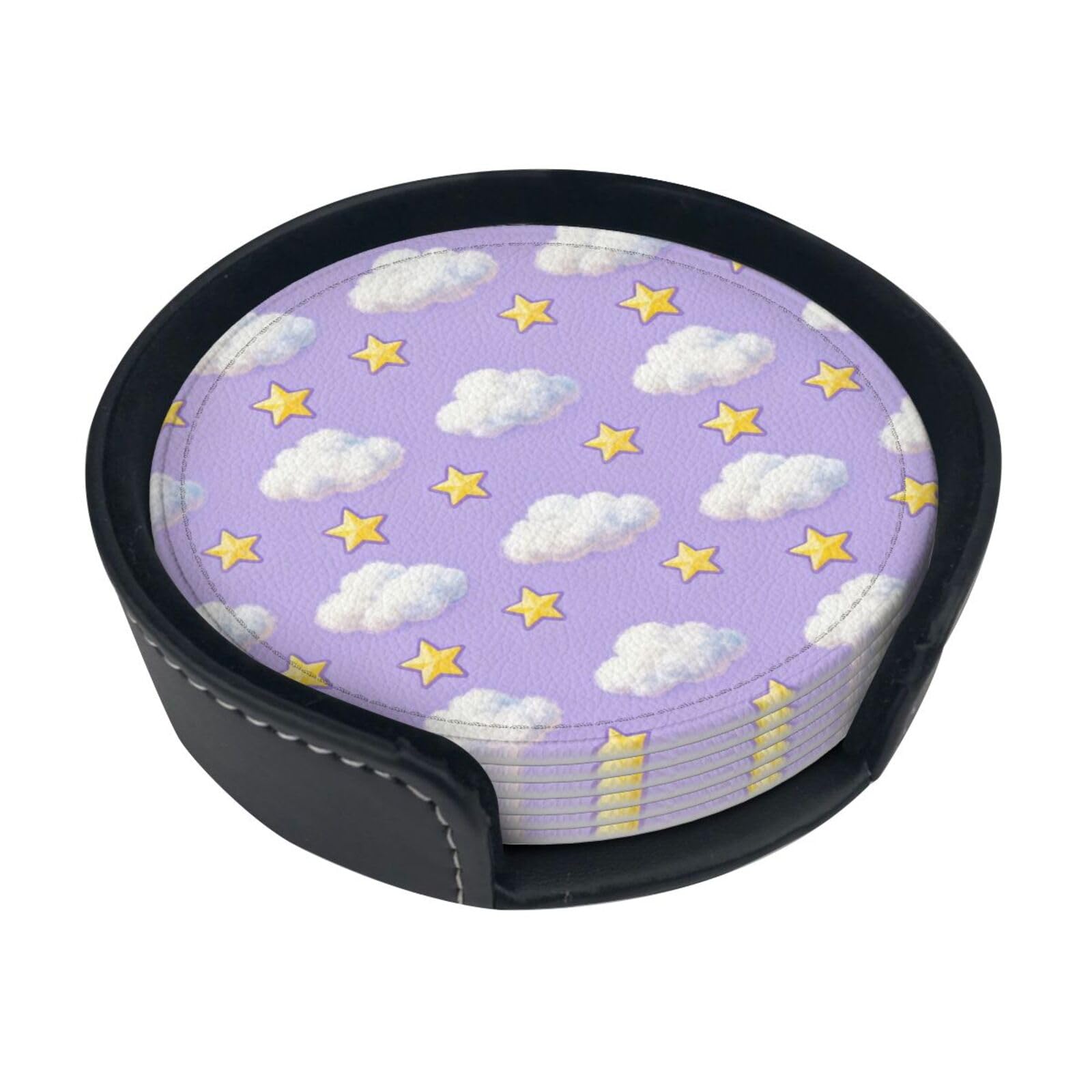 Cntdbu White Cloud Star Seamless Leather Coasters Set Of 6-Pu Leather Drink Mats For Table, Heat Resistant Round Coasters With Holder