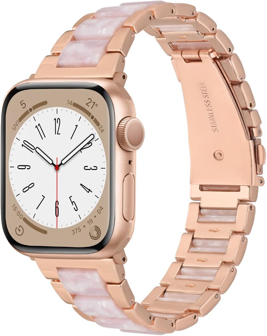 Resin Tortoise Apple Watch Band, Apple Watch Band for Women 38mm 40mm 41mm 42mm 44mm 45mm, Fancy Cute Slim Apple Watch Bands for iWatch Series 9 8 7 6 5 4 3 2 1 SE Wristband Bracelet Strap Stalight-Gold 42mm/44mm/45mm