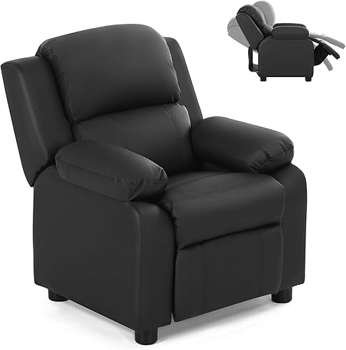 Costzon Kids Recliner, Leather Recliner Chair w/Footrest, Armrest Storage, Headrest & Lumbar Support, Ergonomic Lounge Chair for Living & Gaming
