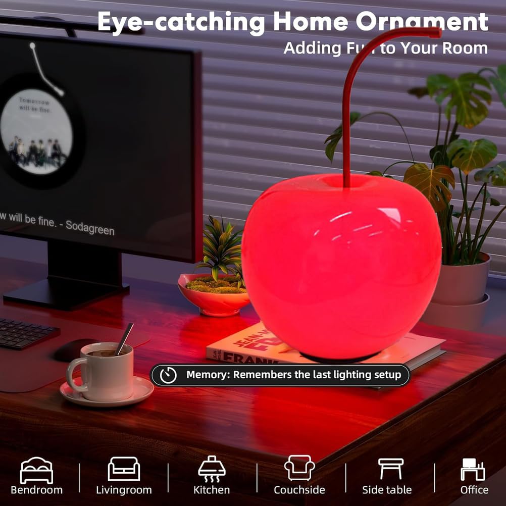 OOWOKS Kirsch Lampe LED Kirsch Tischlampe Kreativ Tischleuchte Dimmbare mit USB-Kable, 3 Farbtemperaturen Glas Rund Dekorative Lampe für Nachttisch Wohnzimmer Schlafzimmer Restaurant
