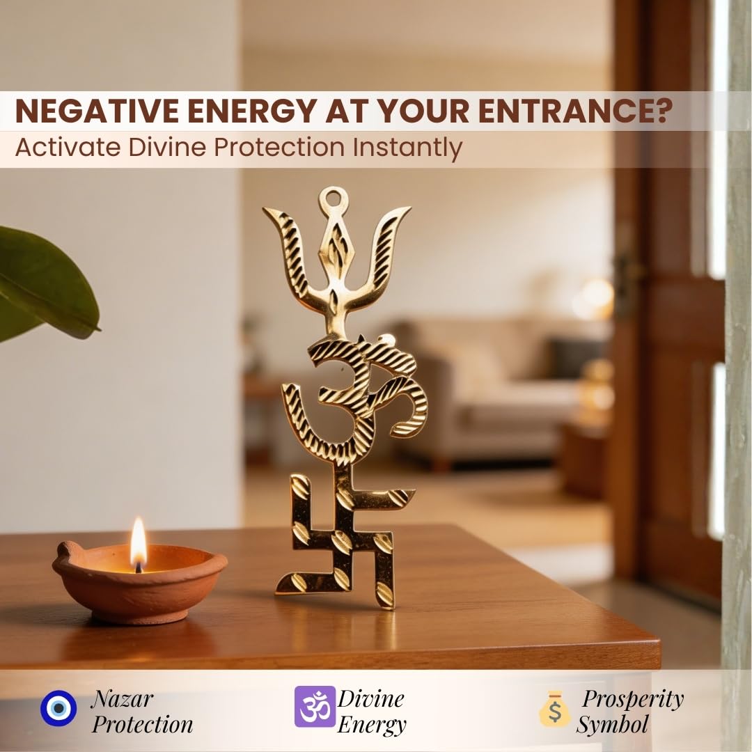 Plus Value Trishakti Yantra Vastu Brass Swastik, Om, Trishul for Home, Office Main Door Protection and Decor, 5 Inch Gold, Positive Energy, Good Luck, Astrology Gift, Entrance Wall Hanging