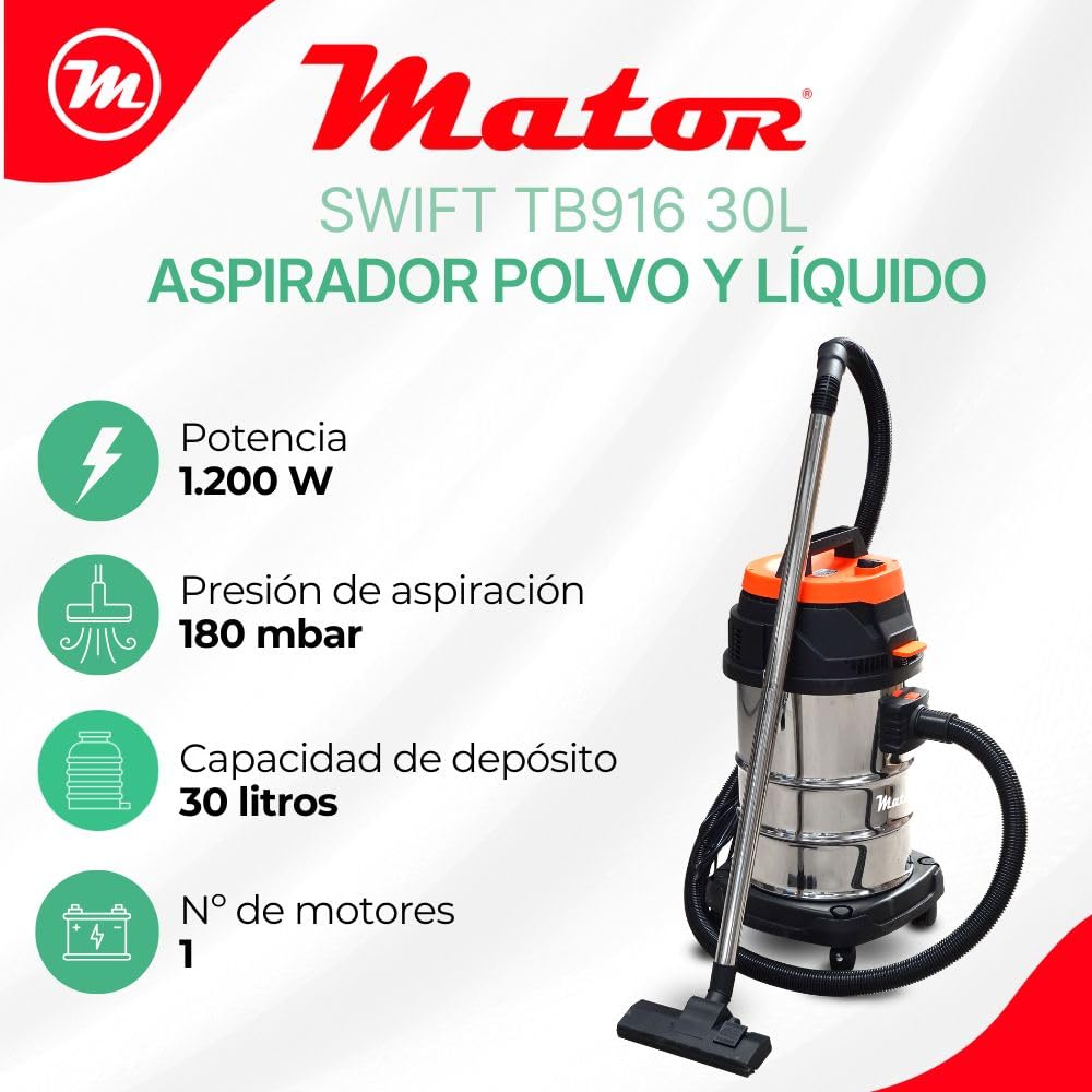 Aspirador Industrial Profesional Swift TB916 30L. Aspirador Potente seco y húmedo. 1 Motores de 1200W (1200W). Depósito de 30 litros de Capacidad de Acero Inoxidable. (30L)