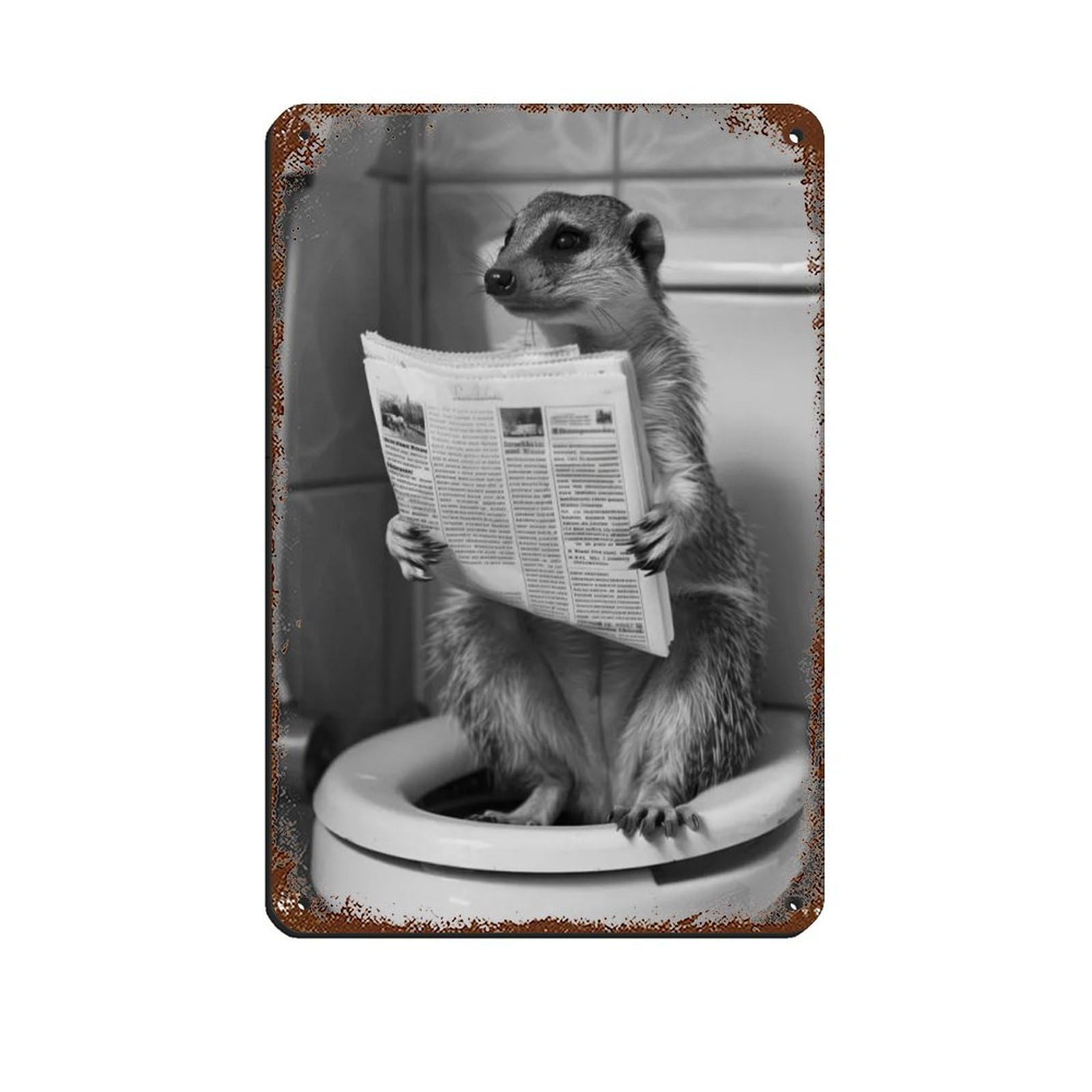 Lxwnze 20L X 30W Cm Mongoose Sitting On The Toilet Reading Newspaper Retro Poster Metal Tin Sign Chic Art Retro Iron Painting Bar People Cave Cafe Family Garage Poster Wall Decoration 8X12inch(20X30cm)