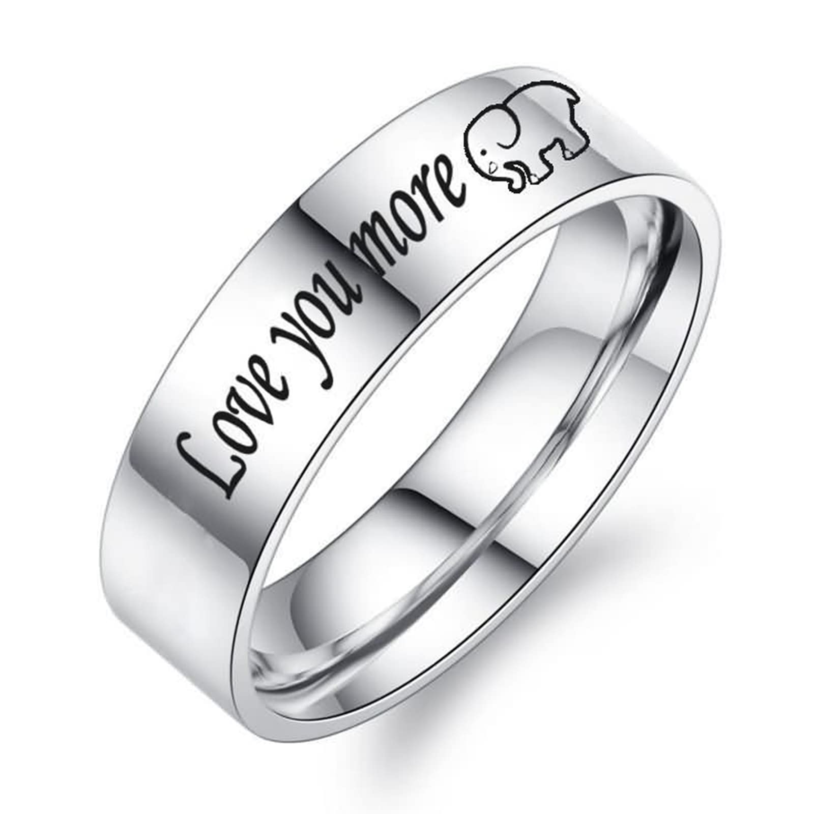 AmDxD Alianza para boda plateada, acero inoxidable, anillo de compromiso con pareja grabada con el elefante Love You Most/More, W54 & M66.5, Acero inoxidable, Sin piedras preciosas