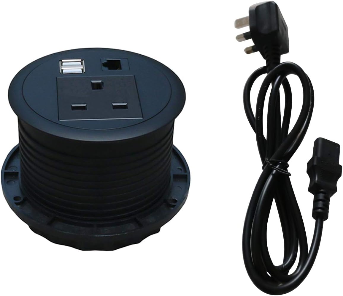 Zeshan desktop power socket cable grommet, 3.54 Inch Cut-Out Hole desk grommet with 1 UK Plug 2 USB Ports 1 Network 1 Power Cord for Office Home School Hotel Black