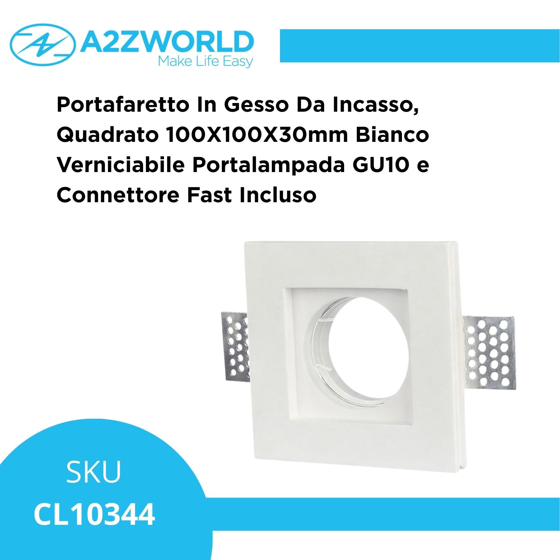 A2ZWORLD 10 sztuk gipsowy uchwyt do zabudowy, kwadratowy 100 x 100 x 30 mm, biały lakierowany, oprawka GU10 i szybkie złącze w zestawie, przezroczysta sprężyna, do płyt gipsowo-kartonowych na suficie
