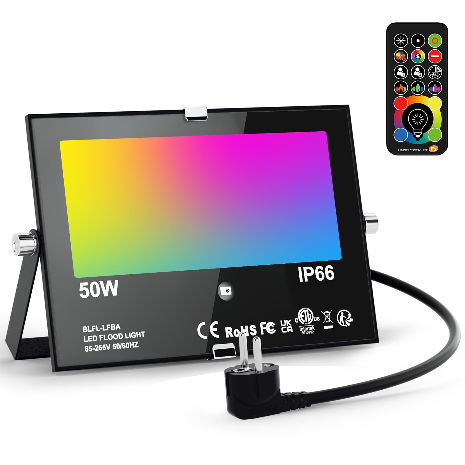 RGB LED Strahler Außen 50W Fluter Mit Fernbedienung, 120 Farben 5 Modi Farbwechsel Flutlicht LED Innen, 5000LM Kaltweiß IP66 Wasserdicht Außenstrahler für Garten, Hinterhof, Garage, Flur