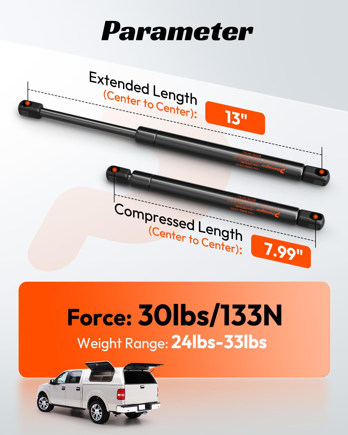 C16-04464 Ammortizzatore a gas da 33 cm, 13,6 kg 133 N per puntello, molla a gas per Snugtop A.R.E ATC Leer, cappucci per lunotto posteriore (2 pezzi)