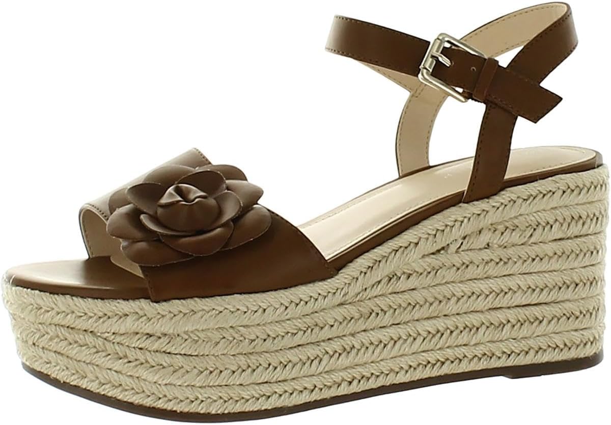 Marc Fisher Womens Brown Flower Detail Padded 2" Platform Adjustable Ankle Strap Venom Almond Toe Wedge Buckle Espadrille Shoes 7.5 M