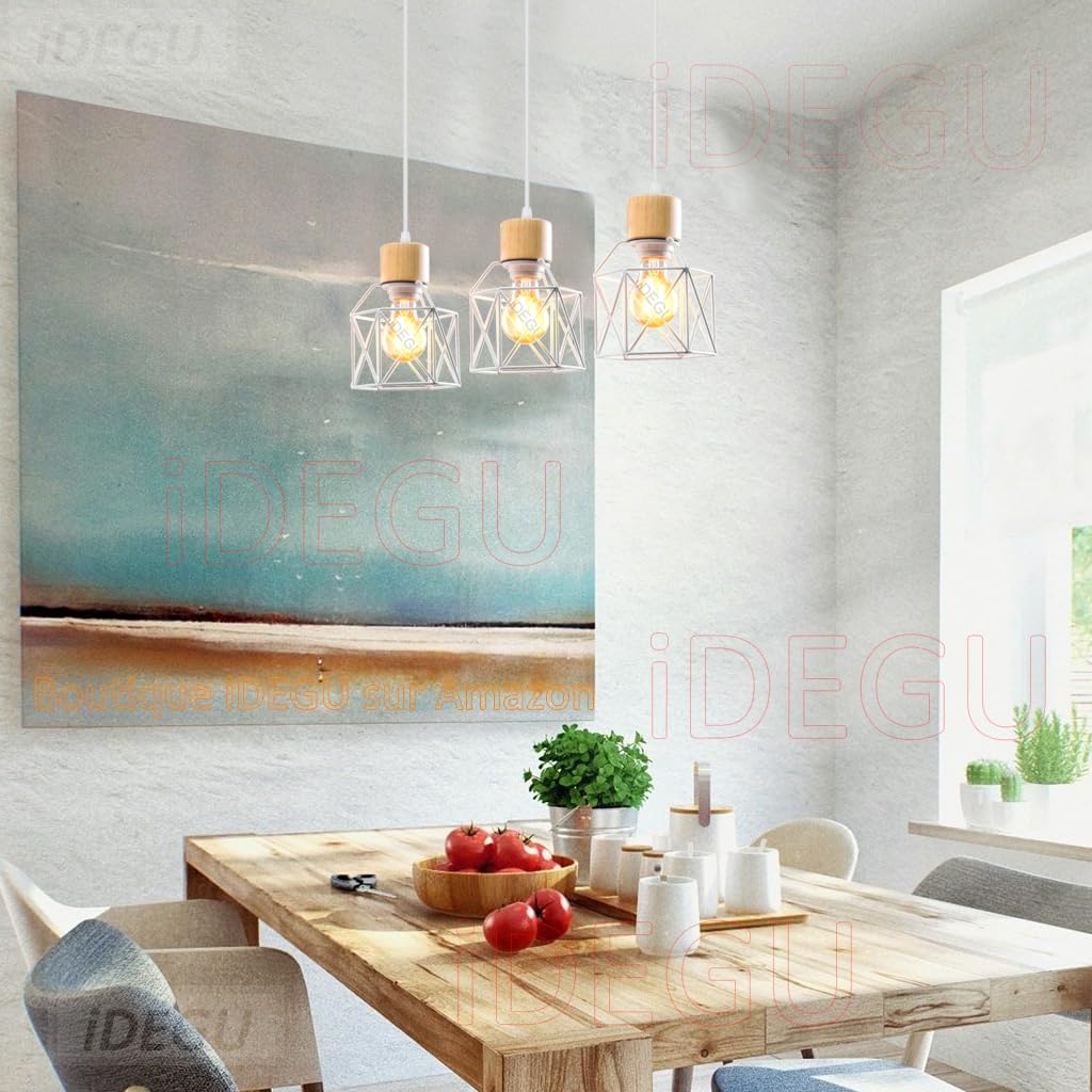 iDEGU 3 Luci Lampadario a Sospensione Vintage E27 Plafoniera Industriale in Legno Metallo Gabbia Lampada da Soffitto Retrò Lampade a Sospensione per Cucina Salotto Cameretta (Bianco, Legno, Barra)