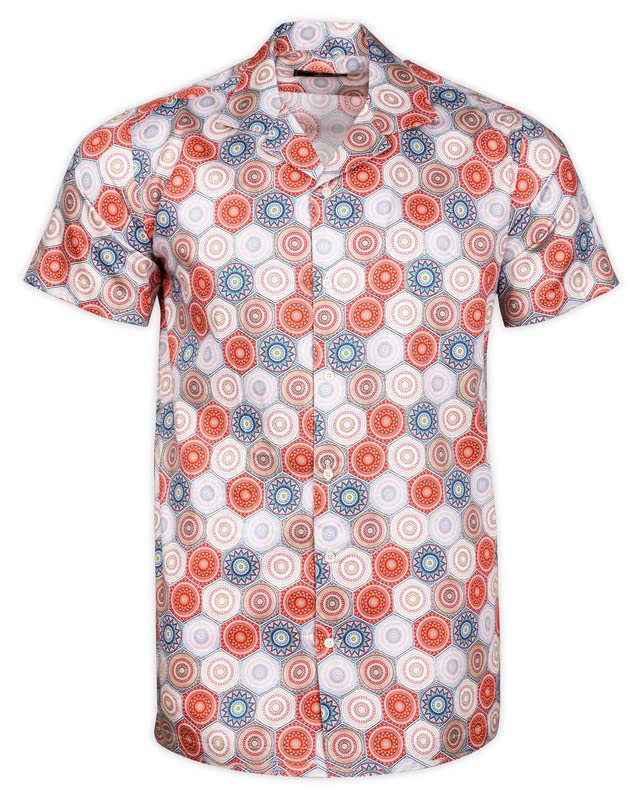 FRENCH CROWNBright White with Portland Orange Hexagonal Printed Super Soft Premium Cotton Half Sleeves Shirt