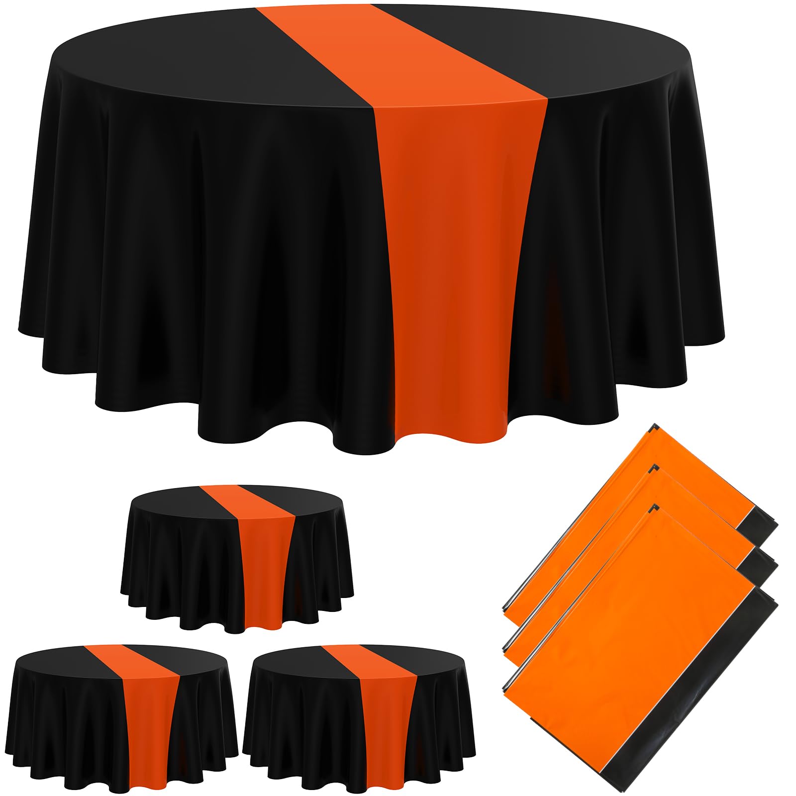 Remagr 3 Pcs Round Plastic Tablecloth 84 Inch Table Cover, Black, Orange