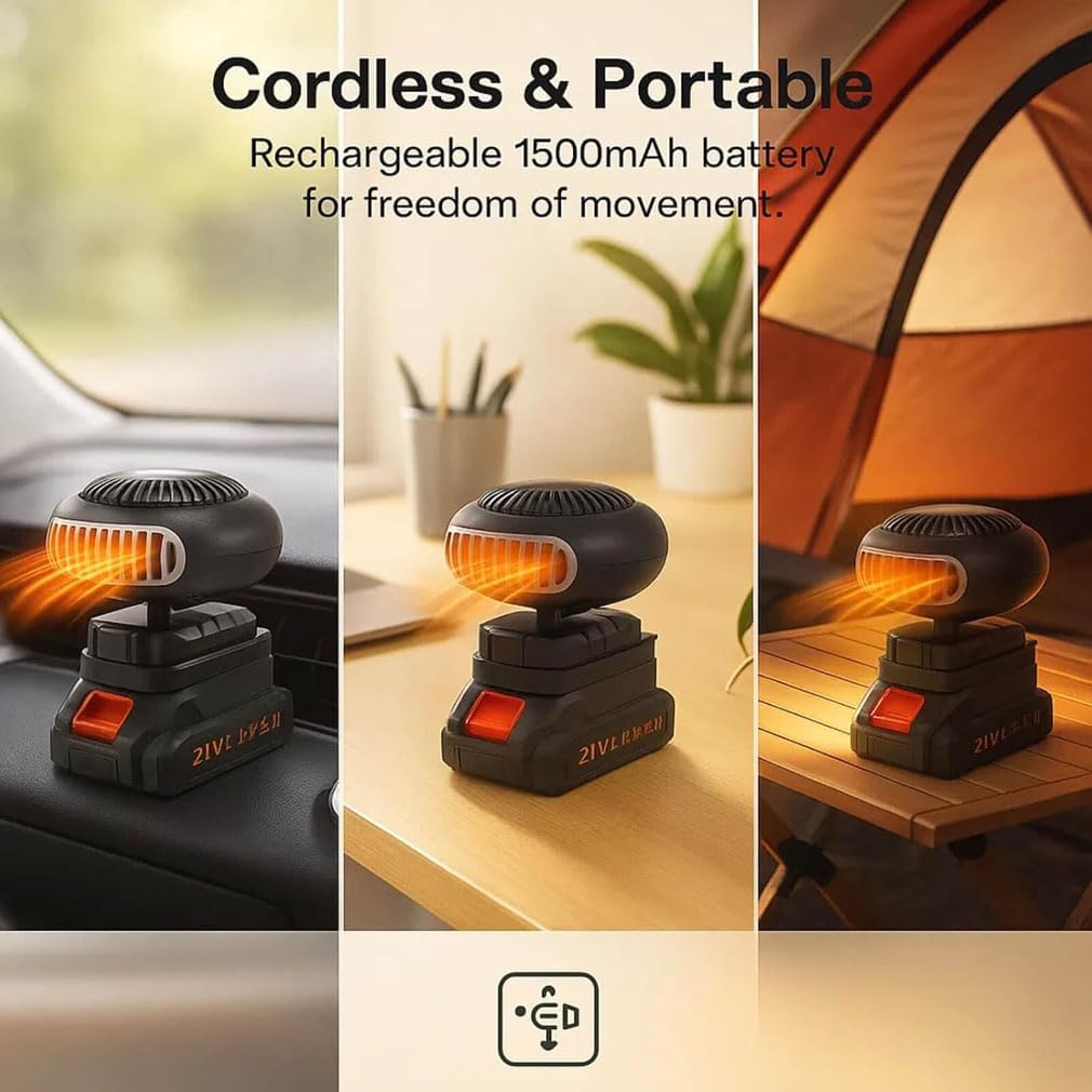 Battery-Powered Heater, Battery Operated Heater, 1500mah Portable Space Heaters with Anti-Tilt, Car Window Defroster Quiet Long Heating for Camping, Cars, Office, Indoor