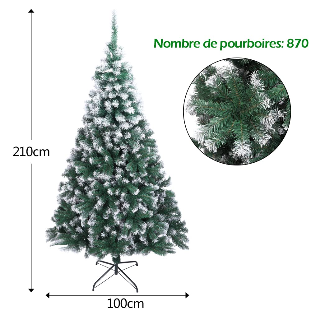 Glarry Sapin de Noël Artificiel de 210 cm - 870 Pointes de Branches, Pin Naturel Enneigé, Matériel PVC, Socle en Métal, pour Décoration Noël (Blanc 30%)