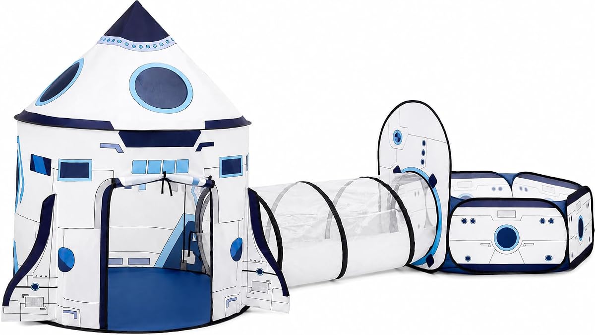 Kids Play Tent with Tunnel & Ball Pit, 3-Piece Pop Up Rocket Ship Tent Set, Indoor Outdoor Playhouse for Boys & Girls, Pretend Play Toy with Carry Bag, Birthday Gift