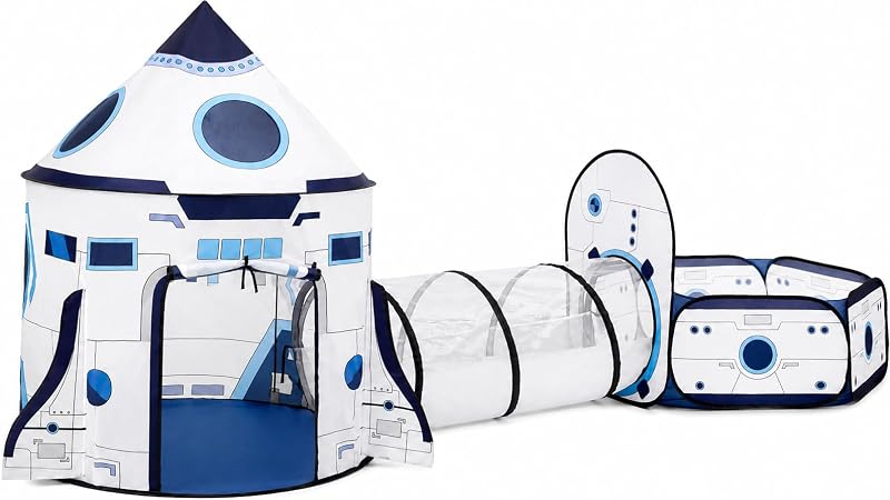 Kids Play Tent with Tunnel & Ball Pit, 3-Piece Pop Up Rocket Ship Tent Set, Indoor Outdoor Playhouse for Boys & Girls, Pretend Play Toy with Carry Bag, Birthday Gift