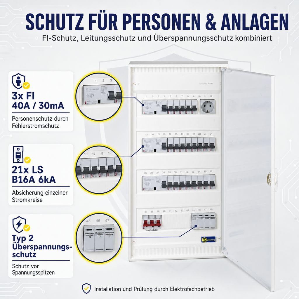grenda-hammer Sicherungskasten Aufputz 4-reihig komplett verdrahtet, Stromverteiler mit Hauptschalter, 3x FI Schutzschalter, 21x LS-Schalter B16A, Überspannungsschutz Typ 2, Verteilerschrank