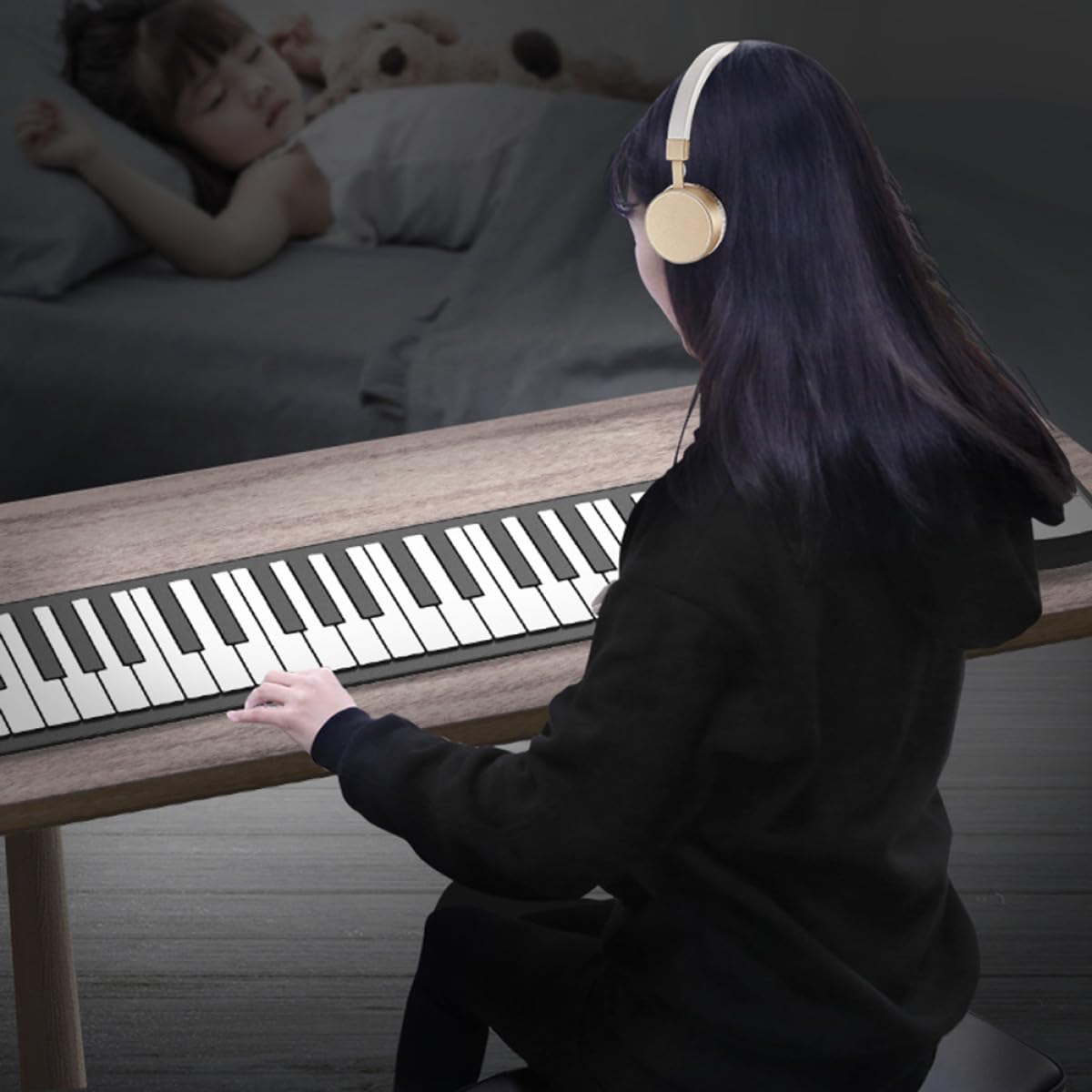 Faltbares Rollklavier mit 61 Tasten aus Silikon, Tragbar | Aufrollbar für Anfänger und Kinder, Schwarz Weiß, Elektronische Tastatur