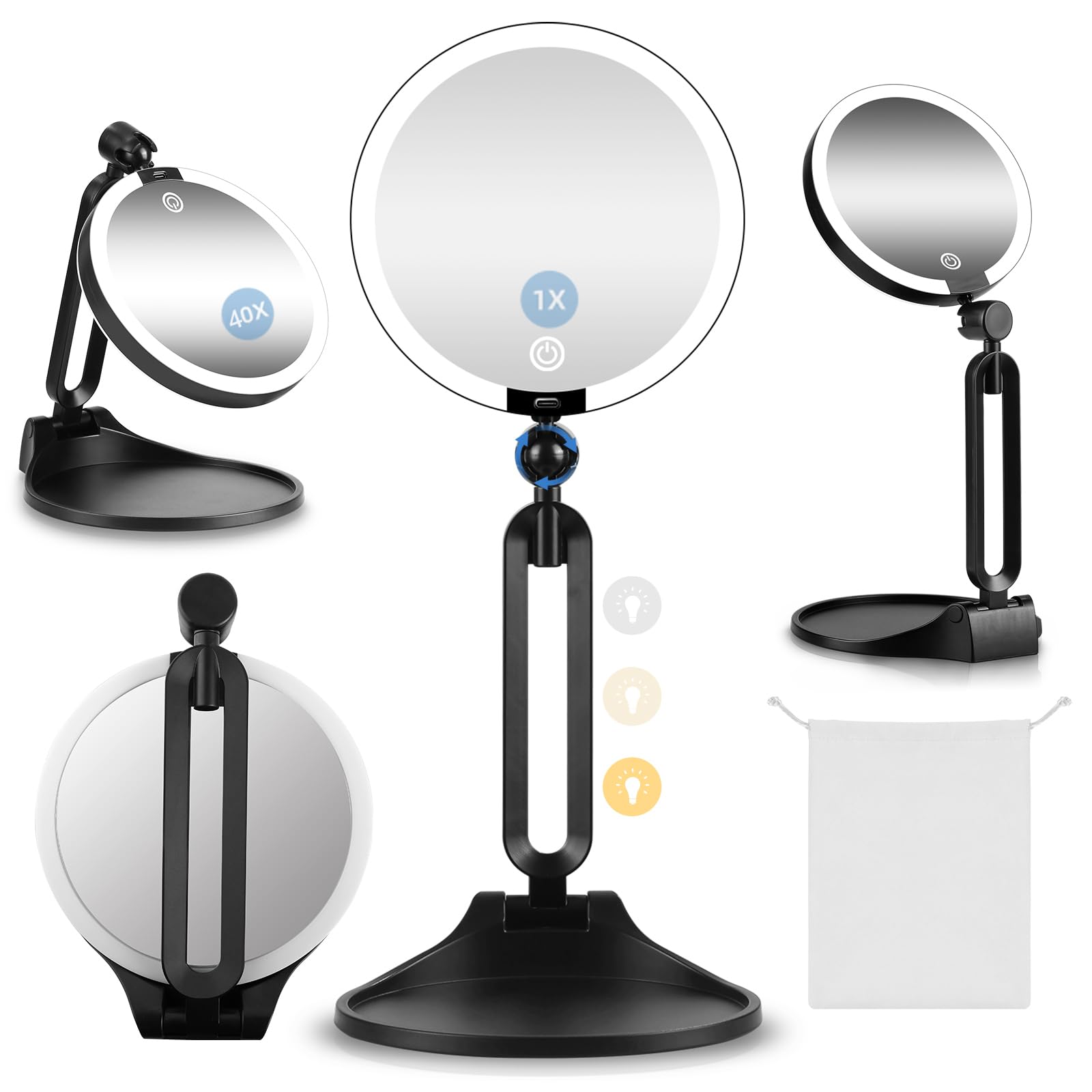 1X/40X Double-Sided Magnifying Mirror with Foldable Stand & Tray, 6 inch Desktop Makeup Mirror with Light, 40x Times Powerful++ Magnification for Close-up Makeup, 30X Travel Mirror (Black(1X/40X))