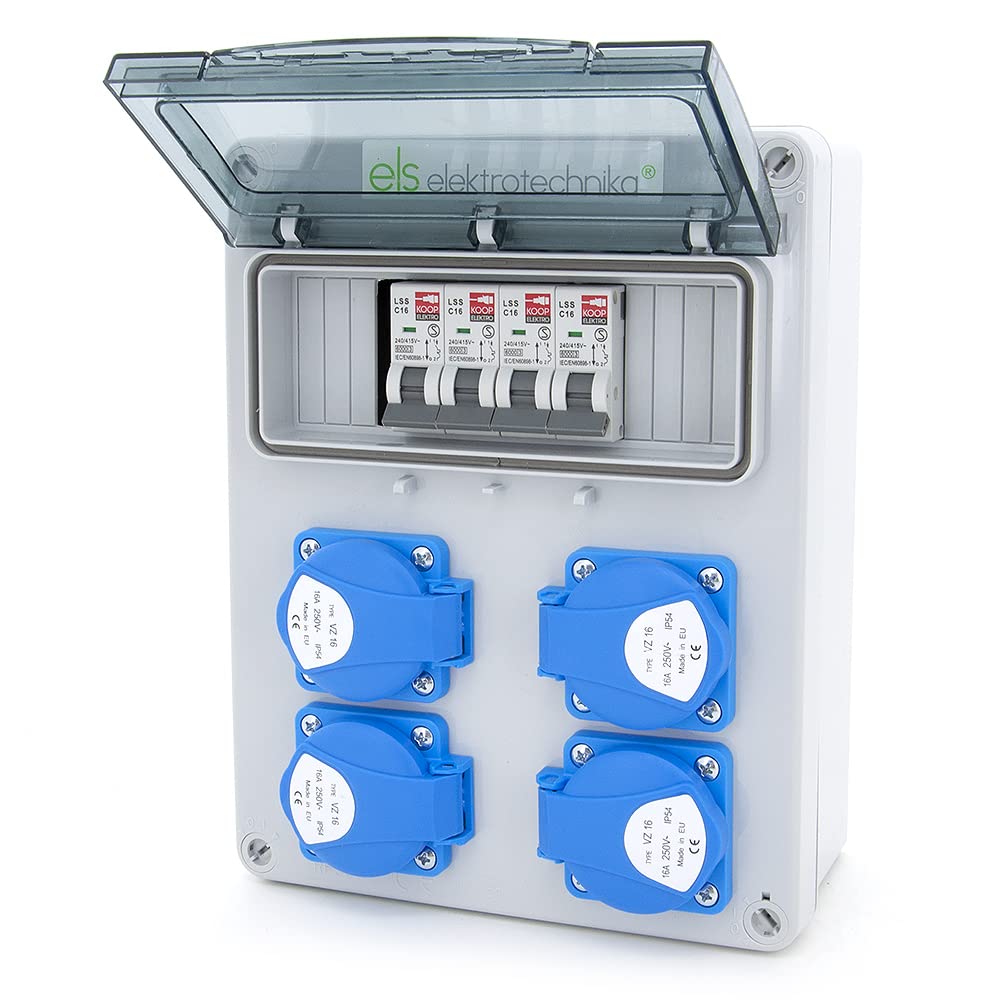 ELS Elektrotechnika Distributore di corrente di fabbrica da parete con spina Schuko, 4 x 230 V + 4 x LS C16, pronto per collegamento, cablato, per officine, stabilimenti, uso interno ed esterno, IP54