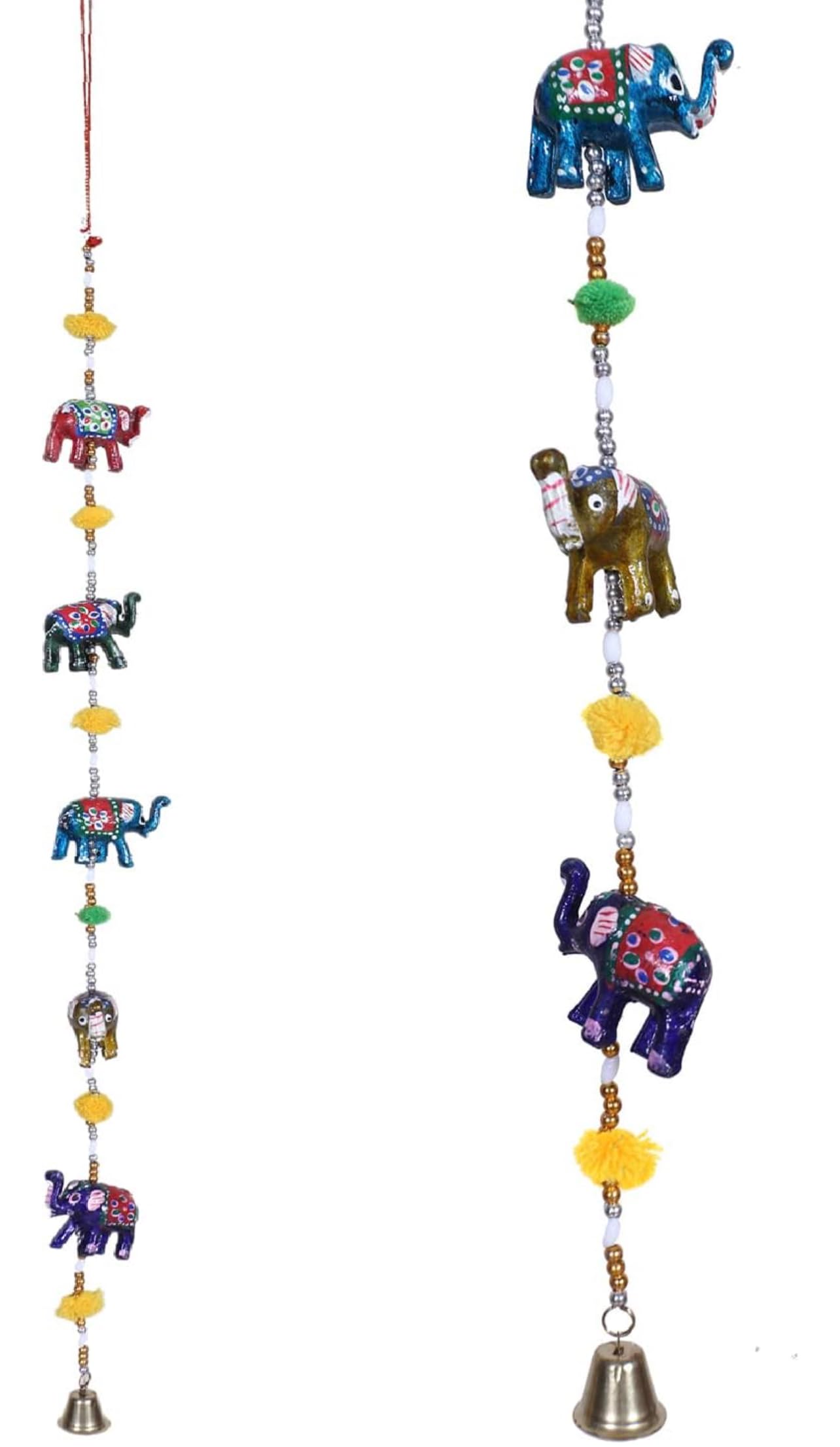 Set of 2 Ethnic Kalamkari Multi colour Hand Painted Door Hanging Ornament Decorative Five Elephant Stringed Together with Beads and Bell Winf Chime
