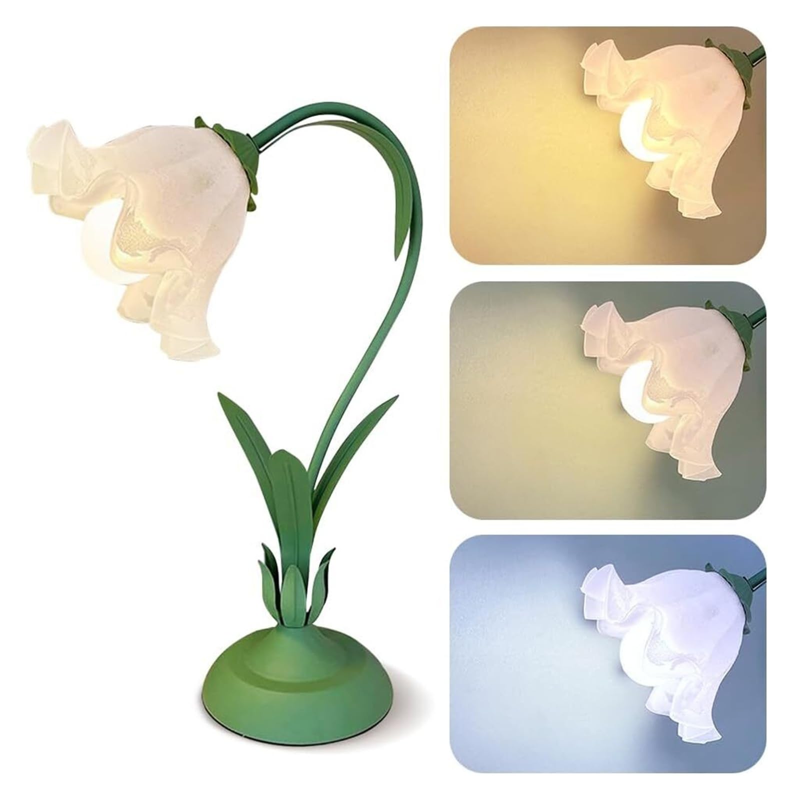 LYVQZPWLR LED Touch Bedside Table Lamp, Flower Table Lamp Lily of The Valley Gooseneck Bedside Green E27 Bulb 3 Color Modes