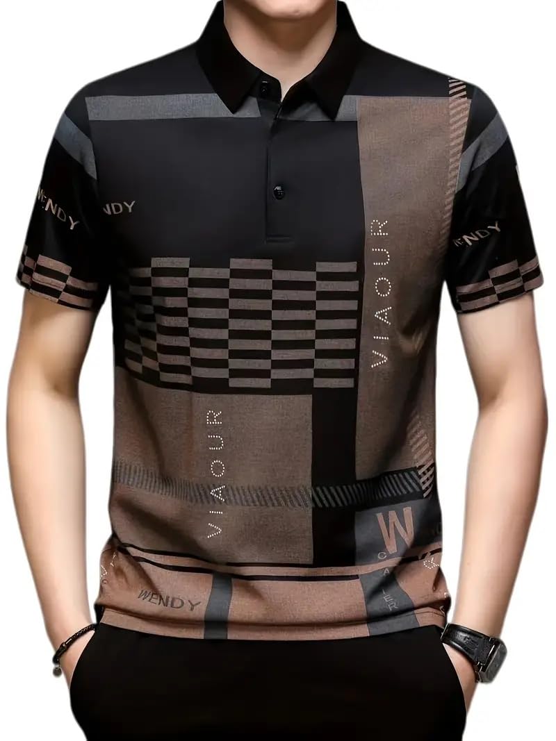 Men's Irregular Geometric Pattern and Alphabet Print Sports Collar Tshirt (Rizim Temu Print Polo-Black)