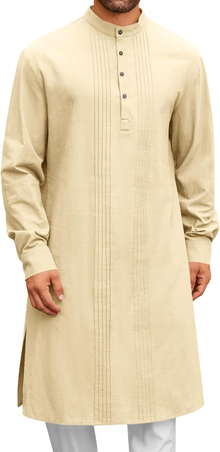 Runcati Mens Kaftan Robe Button Down Long Sleeve Cotton Linen Thobe Casual Muslim Gown Henley Shirt