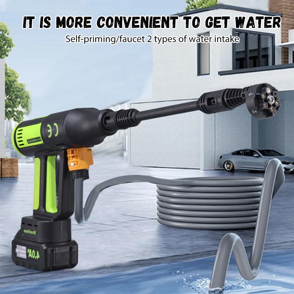 Pulitore ad alta pressione senza fili con 65 Bar & 6 modalità spray (Verde) | Ugello portatile 6 in 1 per auto, pistola ad acqua lavaggio auto con batterie, raccordo rubinetto per auto, Jardi