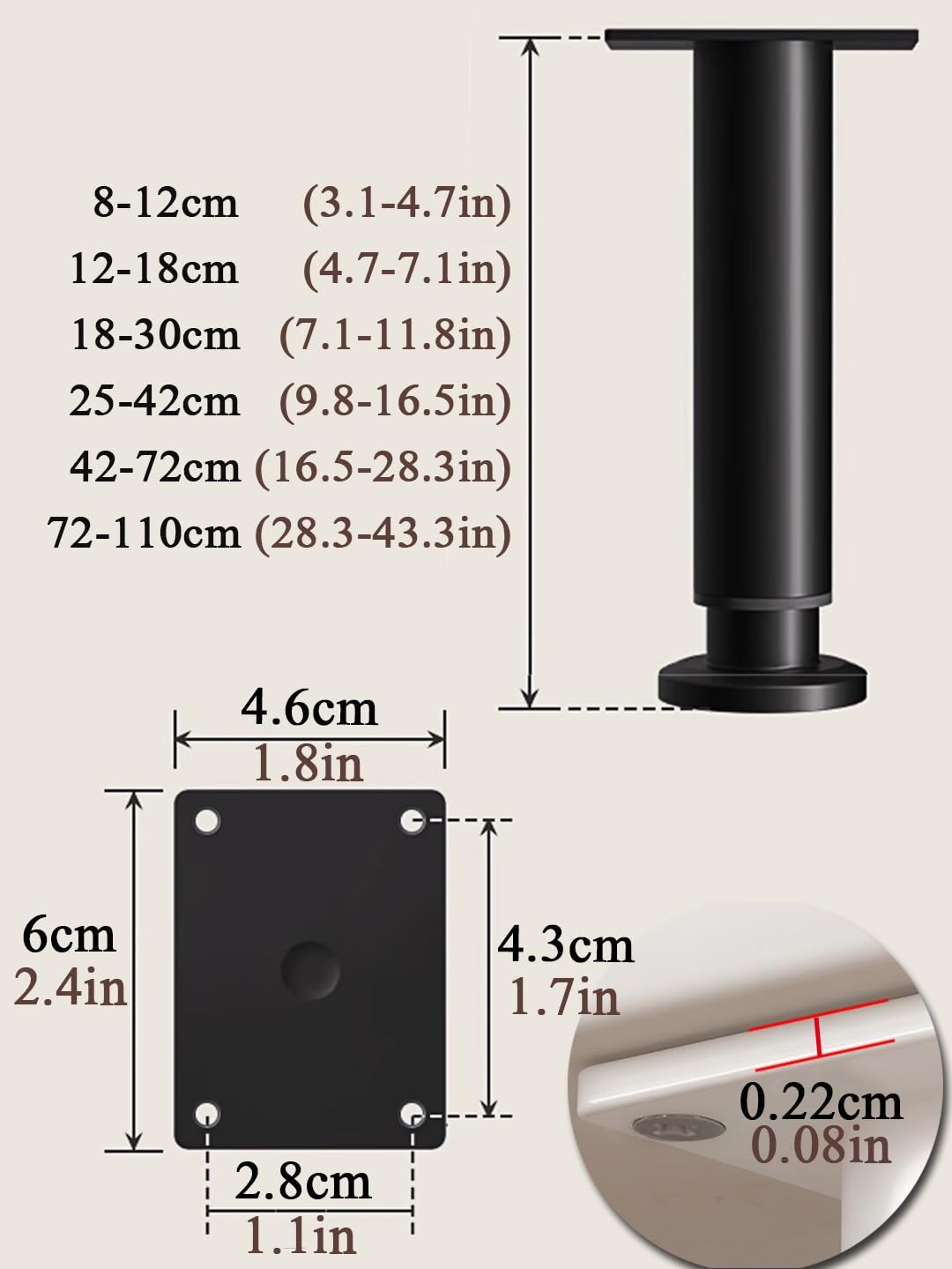 Generico Piedini Regolabili Per Letto, 8-110 Cm, Gambe Di Supporto Resistenti Per Divano/Scrivania/Divano/Tavolo/Sedia/Comò, Gambe Da Tavolo Con Viti(Gray,72-110cm)