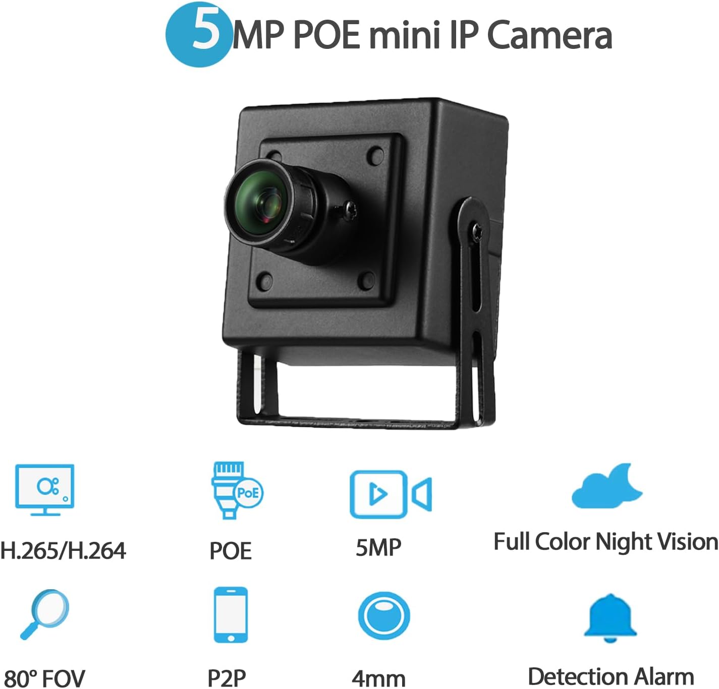REVODATA 5MP POE mini IP Camera with icons for H.265/H.264, POE, 5MP, Full Color Night Vision, 80 degree FOV, P2P, 4mm lens, and Detection Alarm.