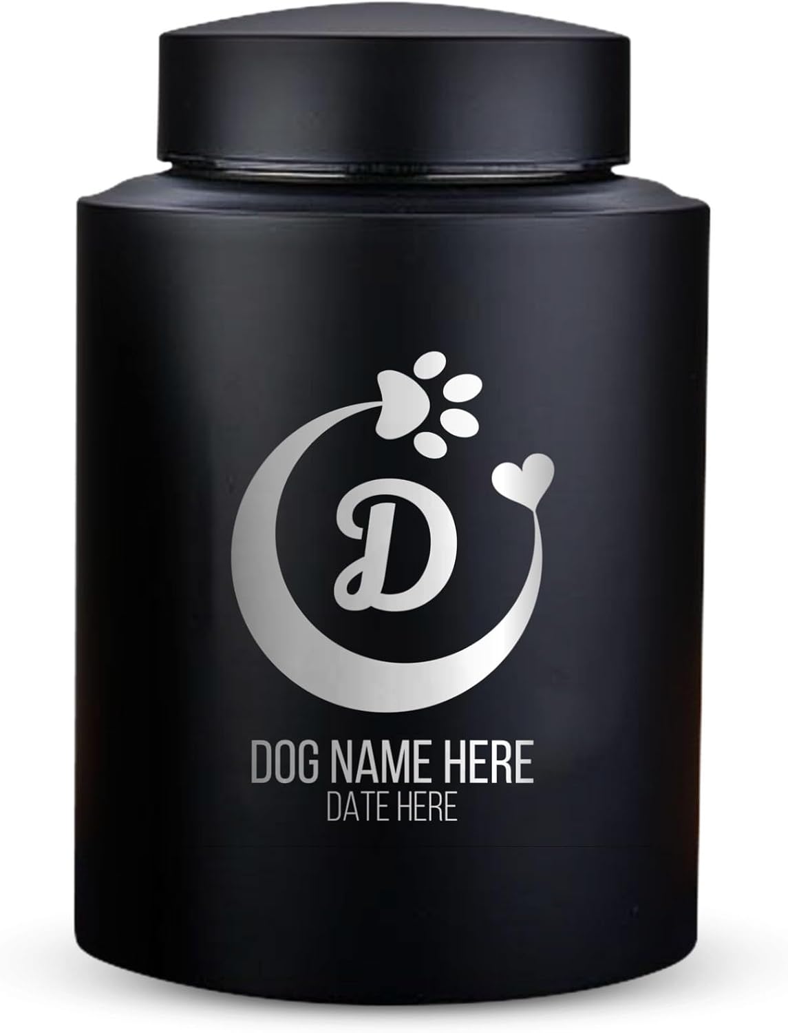 Personalized Custom Large Urn Pet Dog Cremation Urn Engraved with Name, Date and Text - Round Powder Coated Steel Urns for Dogs Ashes, Pet Size 90-115 lbs | Crescent Paw and Heart (Black)