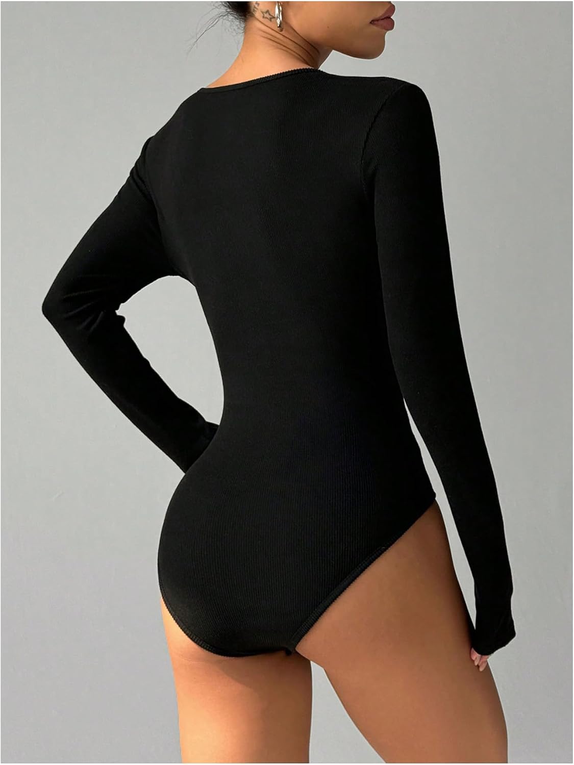 SweatyRocks Women's Button Down Long Sleeve Ribbed Bodysuit Shirt Top Henley Shirts Leotard - Image 3