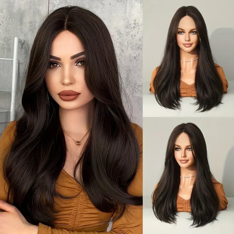 Image of Long Brown Wavy Hair Wig for Women | 26-Inch Heat-Resistant Synthetic Hair | Natural-Looking & Washable | Includes Wig Cap & Comb
