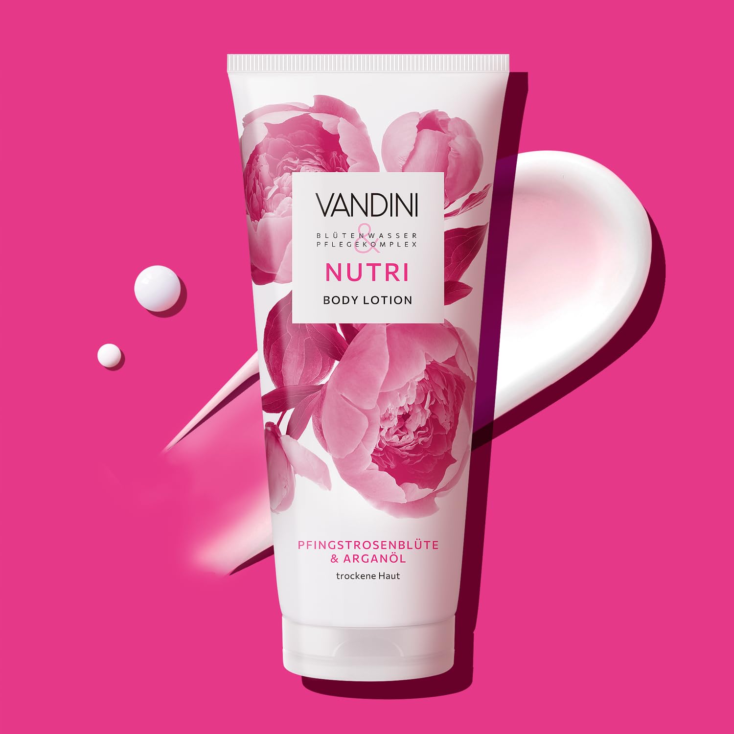 VANDINI 6 x NUTRI balsam do ciała damski, 200 ml, z kwiatem piwonii i olejkiem arganowym, balsam do ciała dla suchej skóry, wegański, bez parabenów i silikonów, potwierdzony dermatologicznie