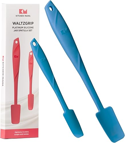 Kitchen Mama WaltzGrip - Juego de utensilios de silicona platino para tarros y latas resistente al calor, raspador antiadherente, cuchara, perfecto