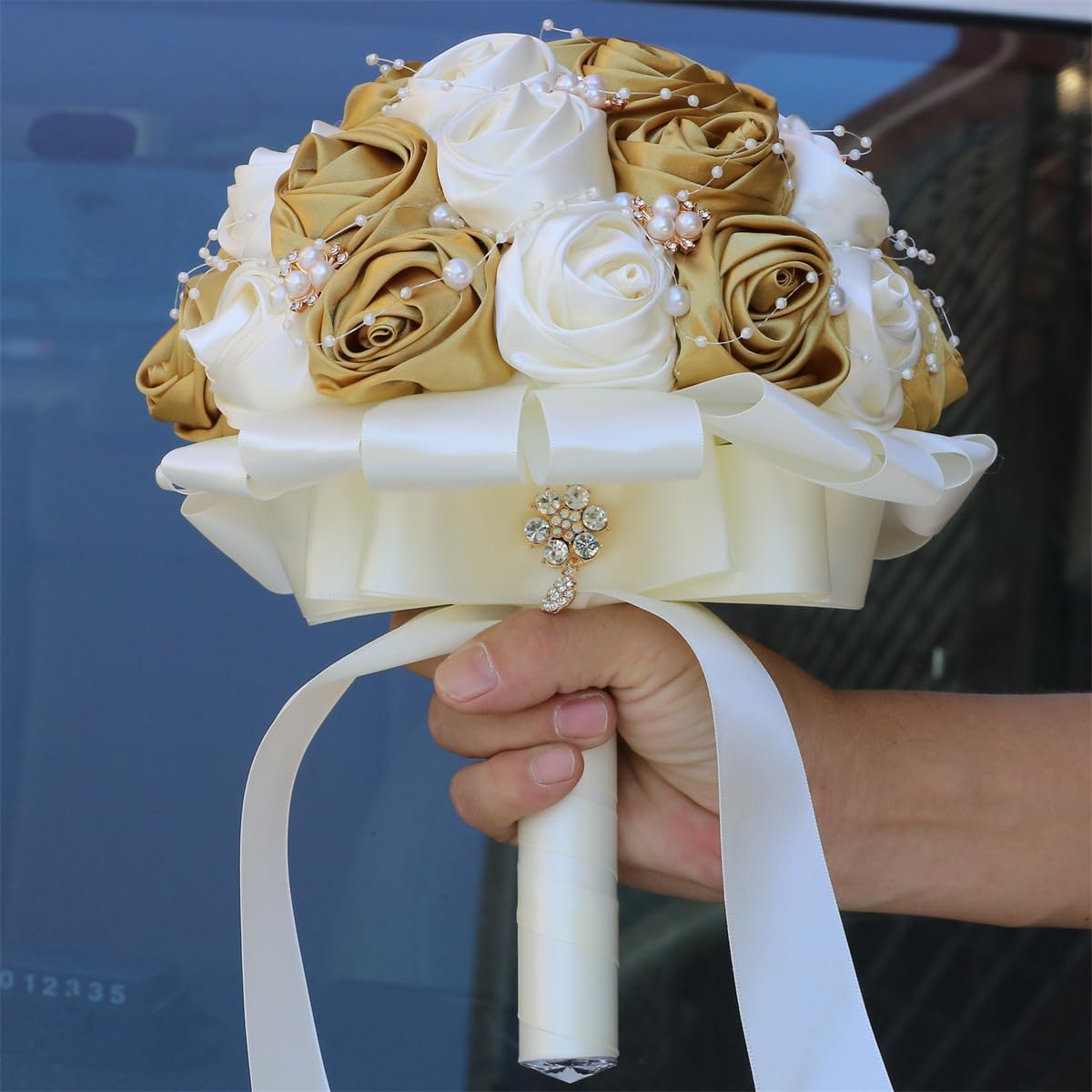 Handmade Rhinestone Brooch Satin Bridal Bouquet,7.5inch Crystal Wedding Round Tossing Bouquet,Artificial Flower Bunch with Diamond Pearl Ribbon Gold+Ivory