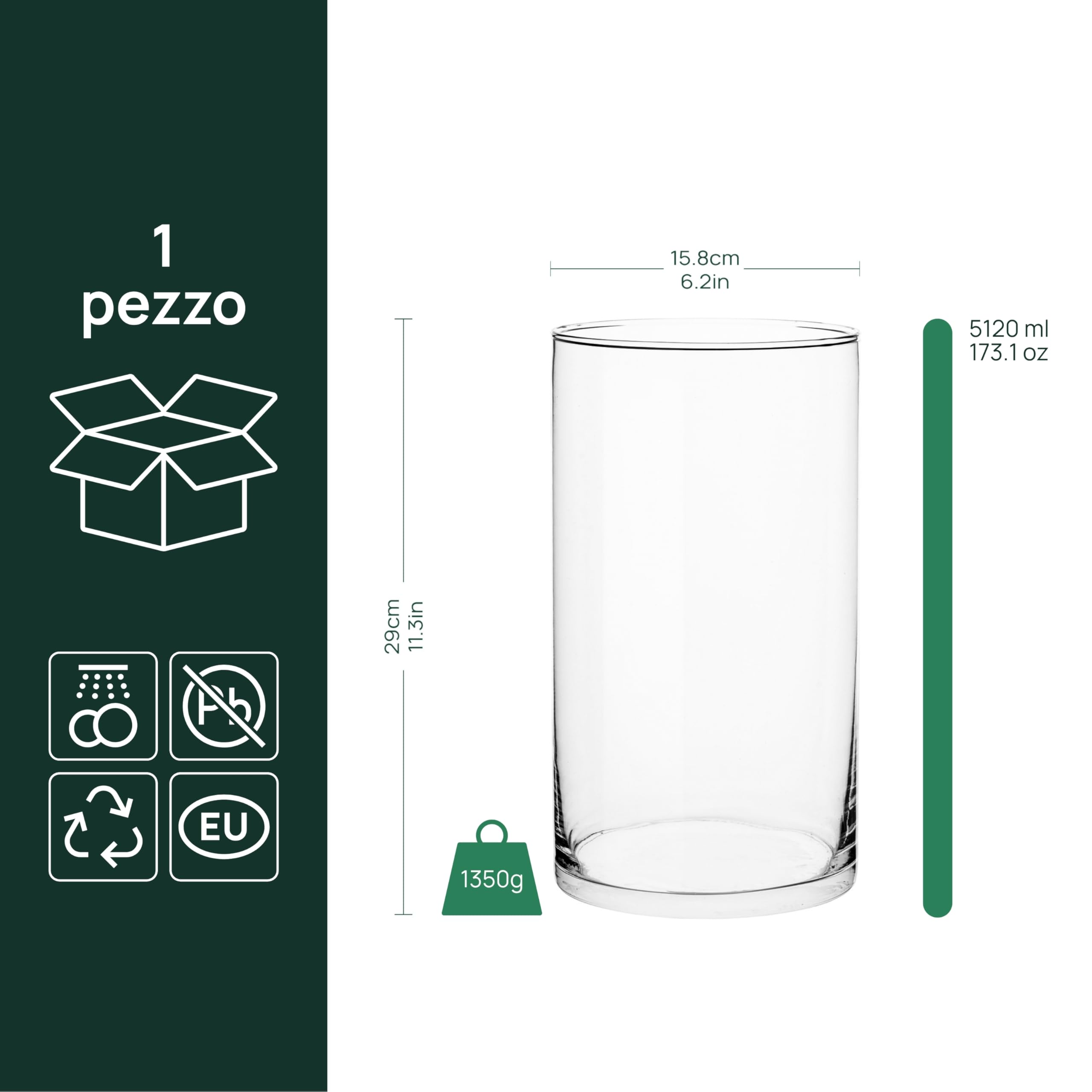 TREND FOR HOME Vaso da Terra Alto da Interno 29 cm Centrotavola Moderno Decorativo Cilindrico Allestimenti Matrimonio di Vetro Trasparente Rotondo, 4900 ml, Ø 15.8 cm, Magnolia