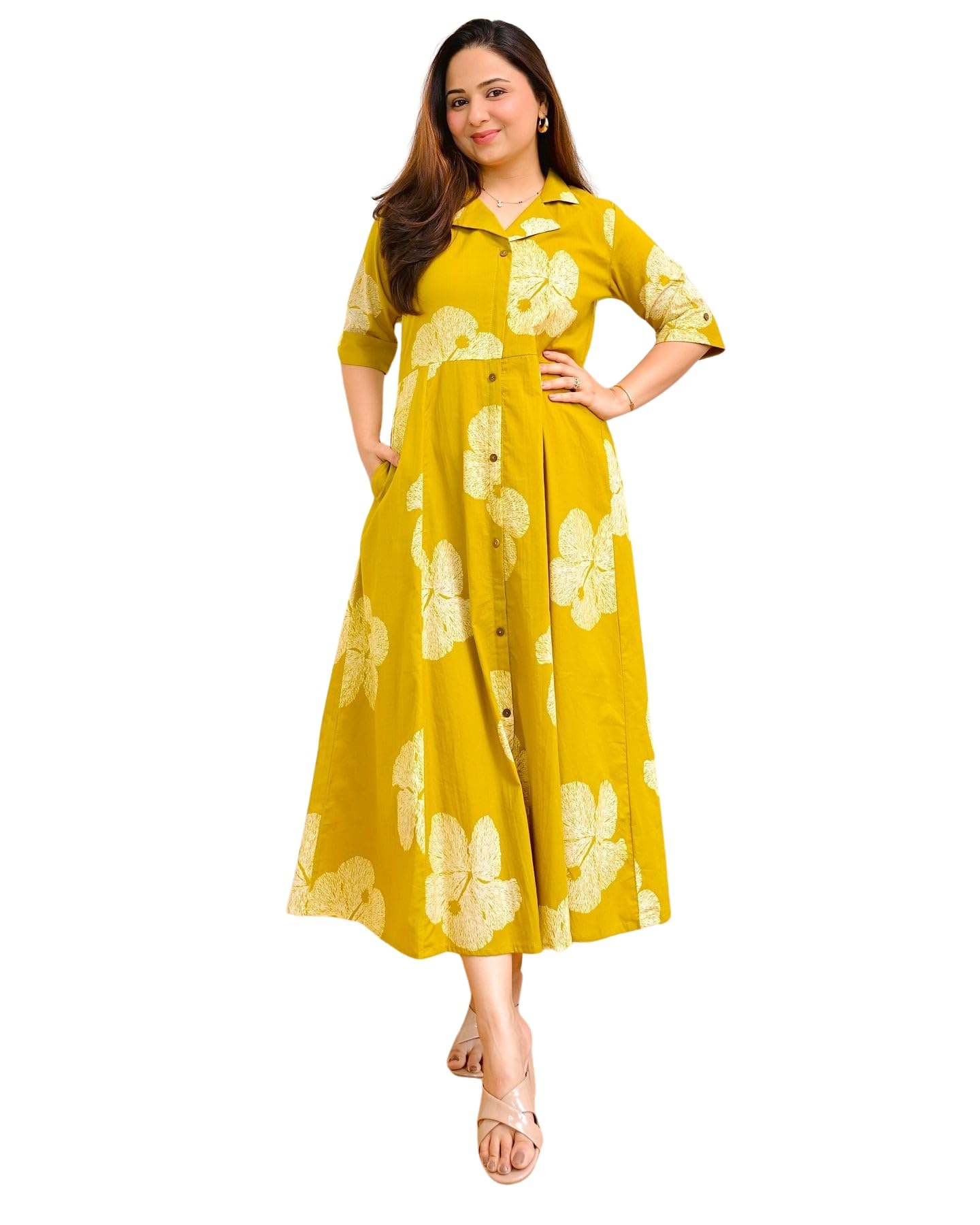 Women's Floral Print Midi Shirt Dress, Half Sleeve, Button-Down, A-Line Fit, Casual Summer Wear-picture-33