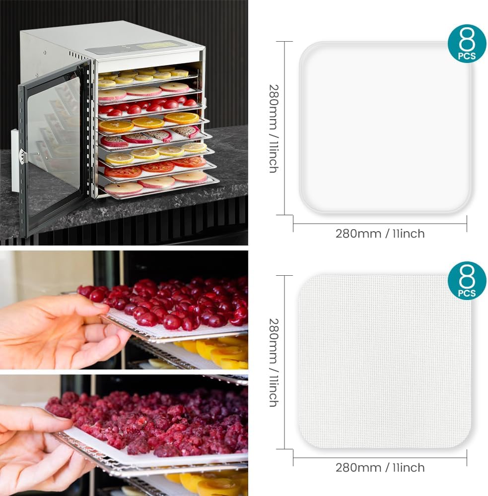 8 Pcs Silicone Food Dehydrator-Trays with Edge, 8 Pcs Mesh Dryer Mats,Reusable Non Stick Silicone Dehydrator Sheets (11x 11in) for Liquids,Fruit Leather,Herbs,Meat and Yogurt