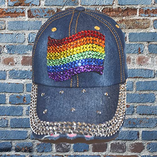 Popfizzy Rainbow Pride Flag Hat For Women And Girls, Bling Rhinestone Gay Pride Hat, Bedazzled Baseball Caps, Lgbtq Accessories, Distressed Denim Hat #TOP4